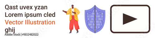 Digital security, data protection, online safety, cybersecurity, multimedia content, digital presentation. Image of a person, shield and play button. Digital security and data protection concepts