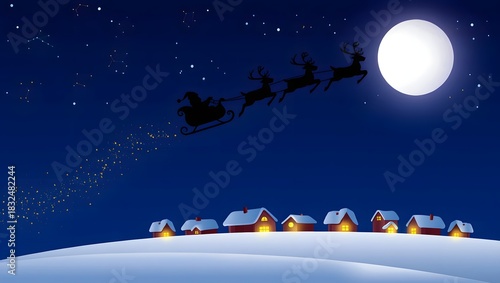 Santa Sleigh Silhouette Flying Over Moon