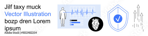 Healthcare technology, data protection, cardiac health, bioinformatics, medical research, cybersecurity. Digital ECG graph, human body silhouette shield icon with checkmark. Healthcare technology