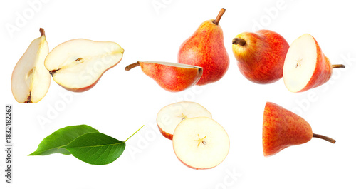 a detailed photograph showcasing several whole and sliced red pears and cross-sections, accompanied by a fresh green pear leaf, isolated on a clean transparent background.