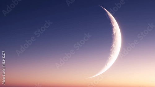 Crescent Moon Ascends Slowly Into Dark Blue Purple Gradient Sky