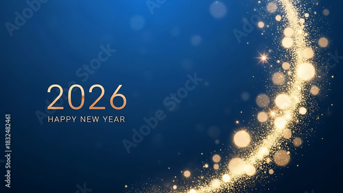 2026 Happy New Year golden glitter sparkle on deep blue background celebration