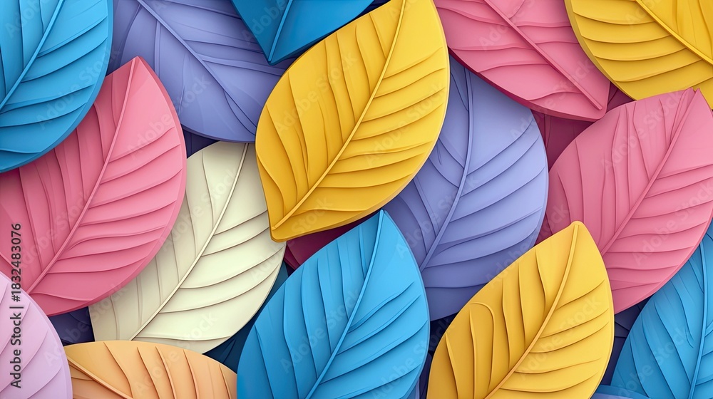 Naklejka premium A close-up view of a pattern of colorful, stylized leaves in shades of blue, pink, yellow, and purple. The leaves overlap, creating a textured, decorative backg