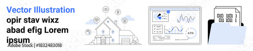 Smart home, technology security, data analytics, digital storage, IoT, communication. Visuals show a smart home, data graphs and a secured file folder. Smart home and technology security concept