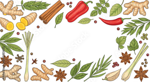 Rectangular frame of colorful hand-drawn spices and herbs, including ginger, cinnamon, and chili, with copy space in the center.
