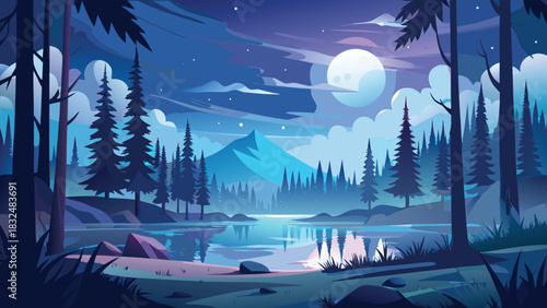 Winter night landscape with moon, forest, snow, and trees under a cold blue sky