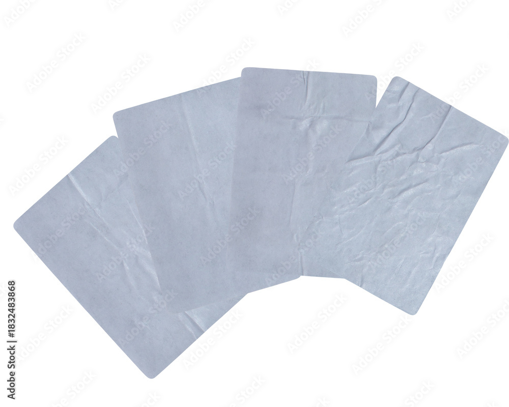 Naklejka premium overlapping isolated white square papers or adhesive labels with rounded corners, displaying a heavily wrinkled and creased texture against black.