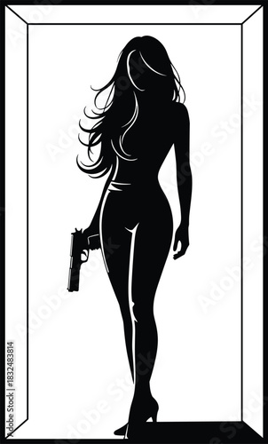 Beautiful Dangerous Female Spy Assassin Silhouette Holding Pistol Gun in Minimalist Modern Abstract Black and White Vector Art Illustration.