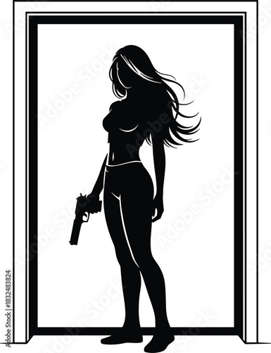 Beautiful Female Spy Assassin Silhouette Holding Pistol Gun Standing in Doorway Minimalist Modern Abstract Black and White Vector Art Illustration.