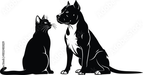 Black Cat and Pitbull Dog Silhouette Side by Side Looking at Each Other in Friendship and Contrast Pet Animals Vector Illustration Graphic Art.