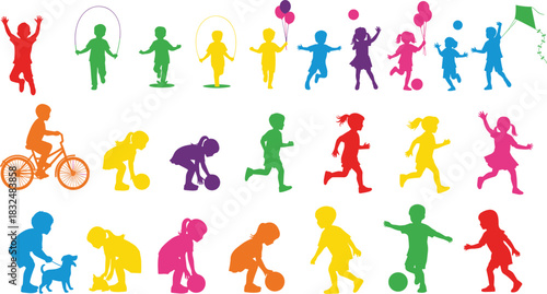 Collection of Colorful Children Silhouettes Playing and Engaging in Activities like Skipping Running Biking Ball Games and Flying Kite Vector Set.