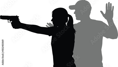 Armed Woman Silhouette Pointing Gun at Man with Hands Raised: Tense Confrontation, Self-Defense, or Crime Scene Vector Illustration Concept.