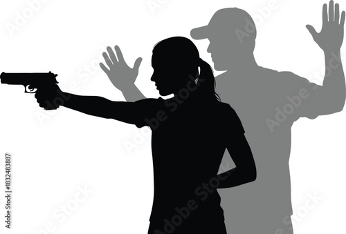 Armed Woman Silhouette Pointing Pistol at Man with Hands Up: Tense Confrontation, Self-Defense, or Crime Scene Vector Illustration Concept.