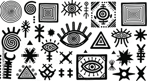 Tribal Occult Symbols Vector Set: Ancient Mystical Eyes, Spirals, Geometric Shapes, and Abstract Magic Runes in Black and White.