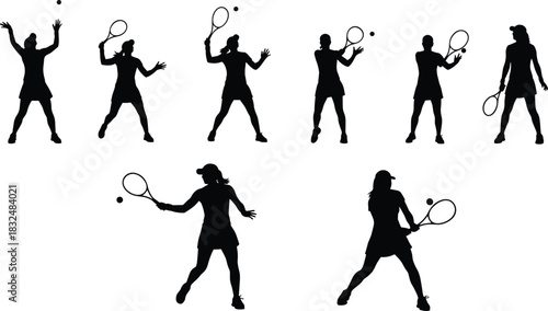 Female Tennis Player Silhouette Vector Set: Women Serving, Hitting Forehand, and Backhand Shots in Various Dynamic Sports Poses.