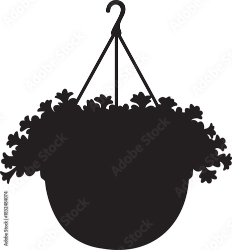 Black silhouette of a hanging basket filled with flowers white
