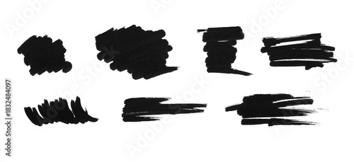 Brush paint stroke set. Black stain texture background abstract vector ink splashes. rough paintbrush mark sketch shape frames. Watercolor smears, marker lines. Charcoal streaks. Bold grungy scribbles