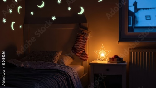 A child's bedroom on Christmas Eve, a single stocking hanging on the bedpost, illuminated by the soft glow of a nightlight shaped like a star, creating a magical and anticipatory atmosphere.