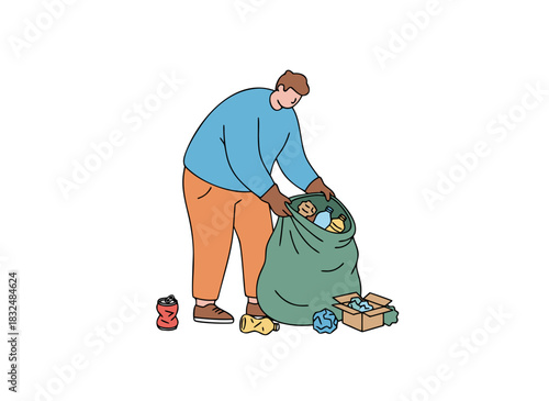 Man Collecting Trash in a Bag Wearing Blue Sweatshirt Orange Pants and Gloves Flat Vector Illustration Against Black Background