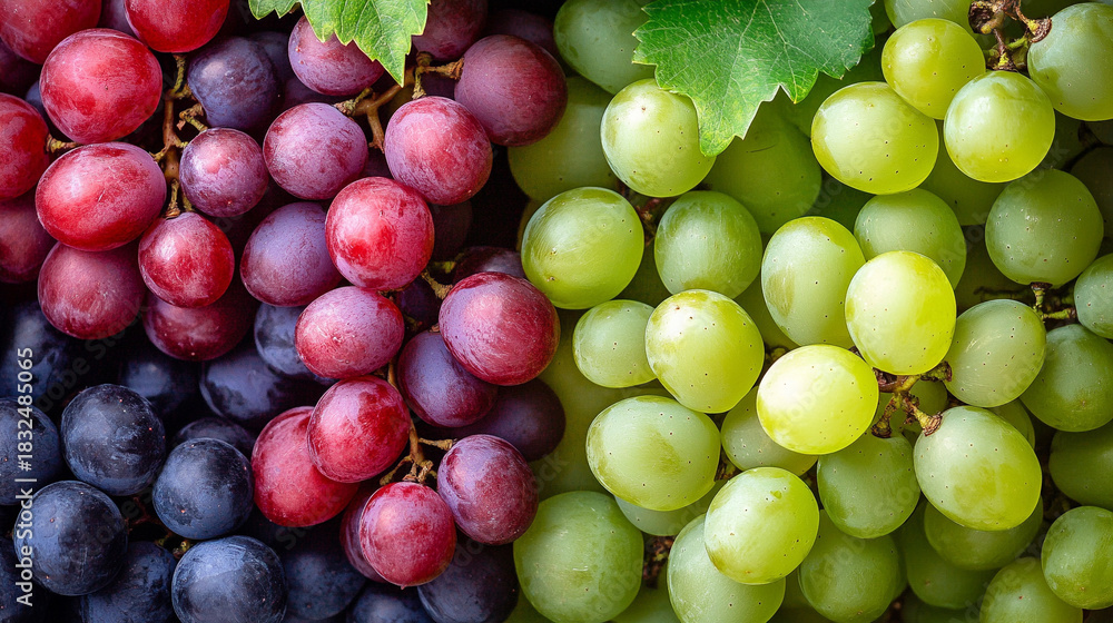 Obraz premium A natural cluster of ripe red and green grapes, showcasing freshness, texture, and vibrant colors. Perfect for food photography, healthy eating concepts, culinary design, and organic produce visuals.