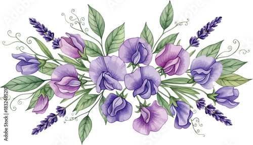 Watercolor Illustration of Elegant Sweet Pea and Lavender Flowers Bouquet, Perfect for Spring Events, Greeting Cards, and Romantic Floral Designs