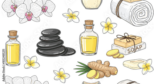 Seamless pattern with spa and aromatherapy elements like massage stones, oil, soap, ginger, and orchids on a white background.