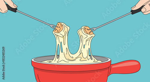 Two hands dipping bread into a pot of melted cheese fondue, creating a fun and social dining scene in a cartoon illustration.