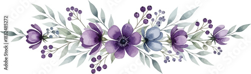 Elegant Watercolor Floral Border with Purple Anemones, Blue Blossoms, and Green Leaves for Wedding Invitations, Spring Designs, and Decorative Graphics