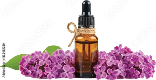 Natural essential oil in an amber dropper bottle surrounded by fresh purple lilac flowers and green leaf, for aromatherapy and beauty.