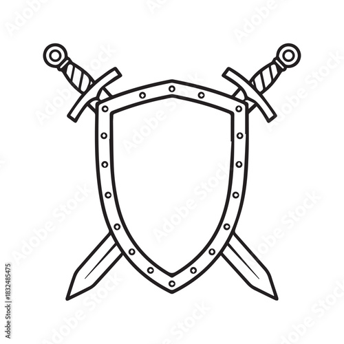 Crossed Swords and Shield Vector Icon. Medieval Knight Heraldry Symbol Line Art. Protection and Battle Outline Drawing.
