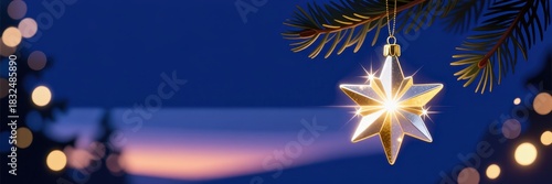 A shiny gold star Christmas ornament hanging on a pine tree branch. Festive holiday background with glowing lights at twilight. Merry Christmas and Happy New Year celebration banner