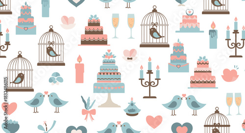 Seamless wedding pattern with cakes, lovebirds, birdcages, and champagne in a cute, flat pastel color design on white background.
