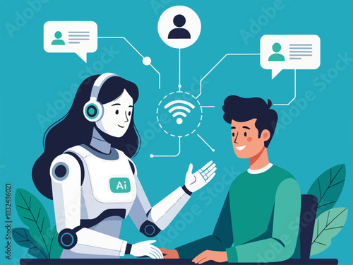 AI assistant robot interacting with human user. Customer support and digital communication concept. Flat design vector illustration