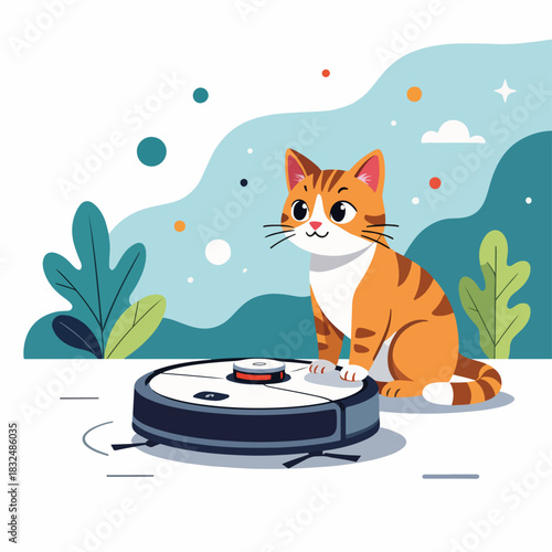 A cartoon cat sitting on a robotic vacuum cleaner. Flat design graphic of a pet interacting with smart home technology. Domestic animal and automated cleaning appliance concept