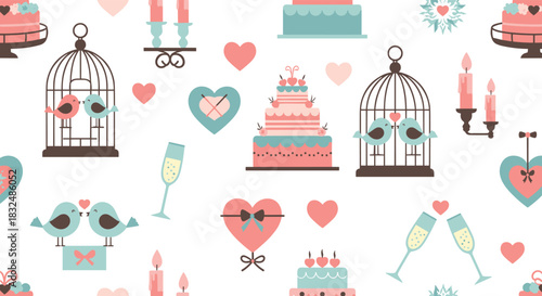 Cute wedding and romance themed seamless pattern with birdcages, cakes, champagne, and hearts in a lovely pastel color palette.