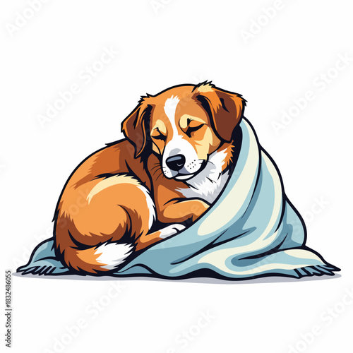 A cartoon dog sleeping curled up under a blanket. Homeless pet and animal shelter adoption concept. Isolated graphic design for a logo or mascot