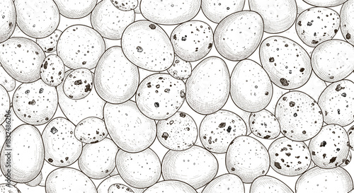 Seamless monochrome pattern of various bird eggs, including quail, in a detailed hand-drawn vintage engraving style background.