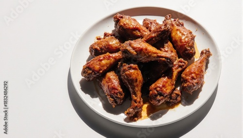 Delicious glazed chicken wings on a white plate, ready to eat.