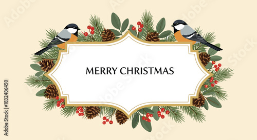 Elegant Merry Christmas card featuring two chickadee birds on a festive frame of pine branches, red berries, and pinecones.