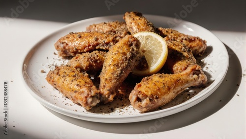 Delicious golden brown chicken wings with lemon on a white plate.