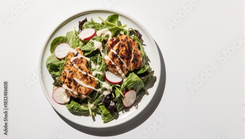 Delicious Grilled Chicken Salad with Fresh Greens and Radishes.