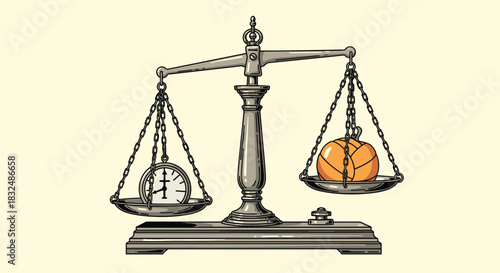 Vintage-style illustration of a balancing scale with a clock on one side and a pumpkin on the other, symbolizing time and harvest.