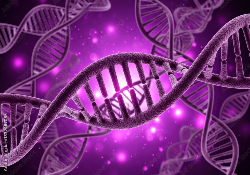 Fototapeta premium Vibrant Purple DNA Double Helix Structures Representing Genetics and Bioengineering in Science
