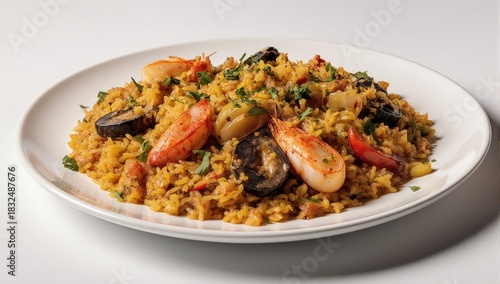 Delicious seafood paella dish with shrimp and mussels on a white plate.