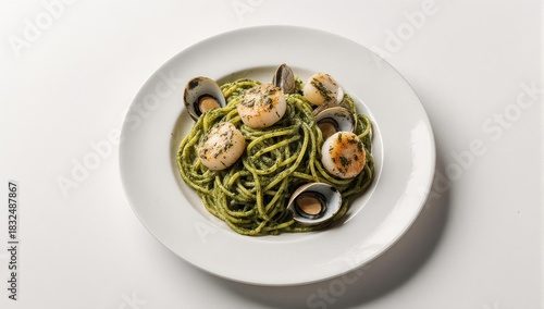Delicious Seafood Pasta with Pesto Sauce and Shrimp.