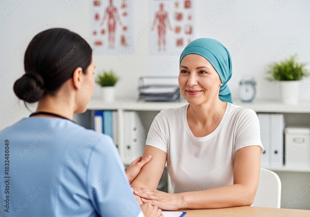 Fototapeta premium Caring doctor providing comfort and support to a smiling female patient with headscarf in clinic setting