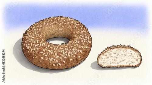 A round sesame bagel with a slice cut out, showcasing its soft interior and textured crust against a light background.