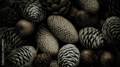 A close-up of various pine cones in earthy tones, showcasing their unique textures and shapes.