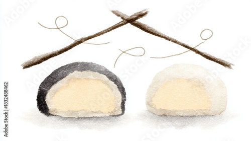 A minimalist illustration of two rice dumplings, one black and one white, displayed with crossed chopsticks.