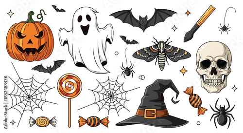Set of colorful Halloween icons including a jack-o-lantern, ghost, bat, and witch hat, in a fun, cartoonish illustrated style.